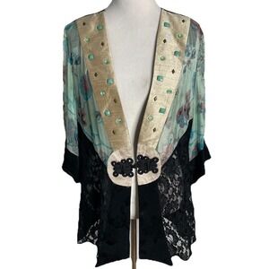 Vtg 90s Violet Kay  Black Blue Floral Lace Kimono Jacket top Boho Whimsy  L